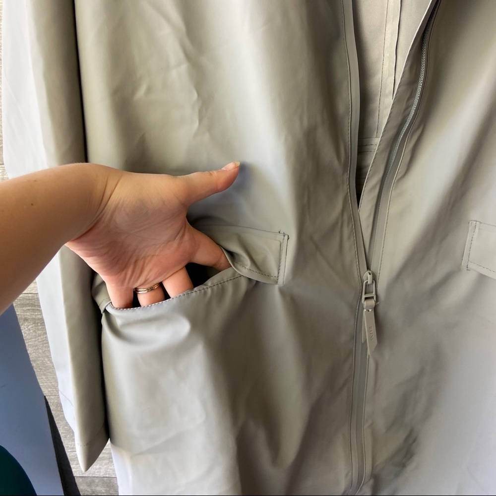 Rains hooded rain w coat zip up stone long jacket - Picture 3 of 13